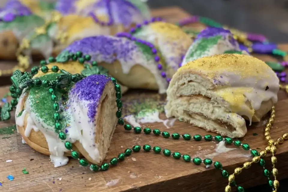 Sliced king cake with purple, green, and gold icing draped in Mardi Gras beads