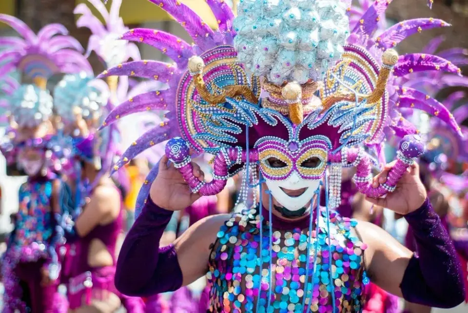 Costumed carnival dancer in an ornate purple-and-gold feathered mask and sequined outfit