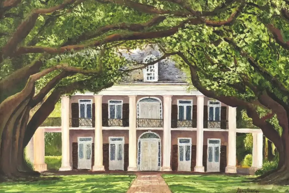 Painting of Oak Alley Plantation's columned mansion framed by arching live-oak branches