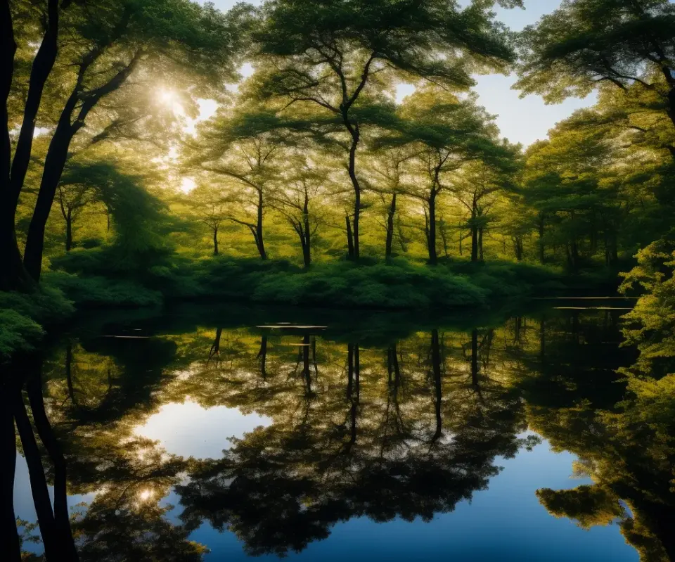 Sun breaking through leafy forest canopy mirrored on a still bayou pool at golden hour
