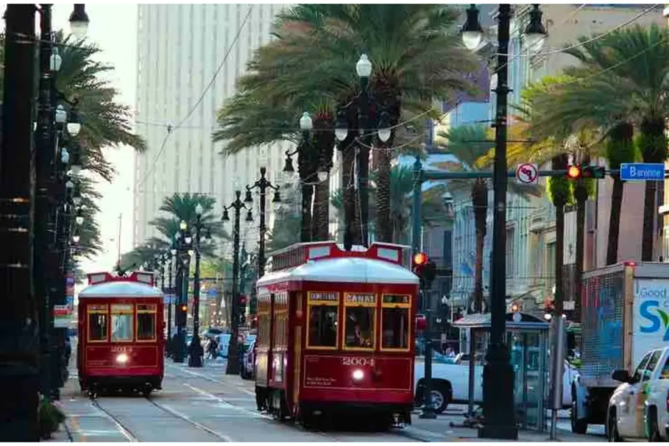 Red vintage streetcars rolling down palm-lined Canal Street past downtown high-rises