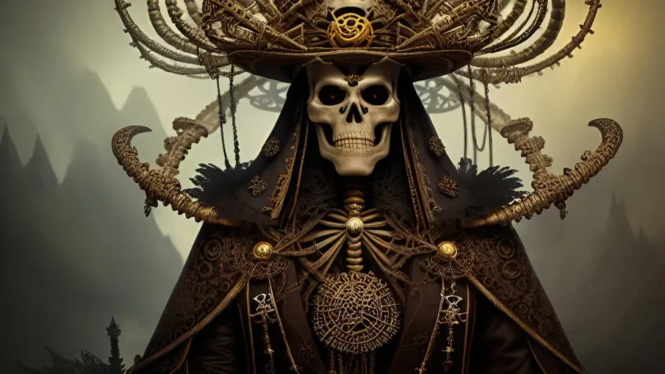 Ornate skeletal Voodoo figure in a feathered top hat and gold-adorned robes in misty shadow