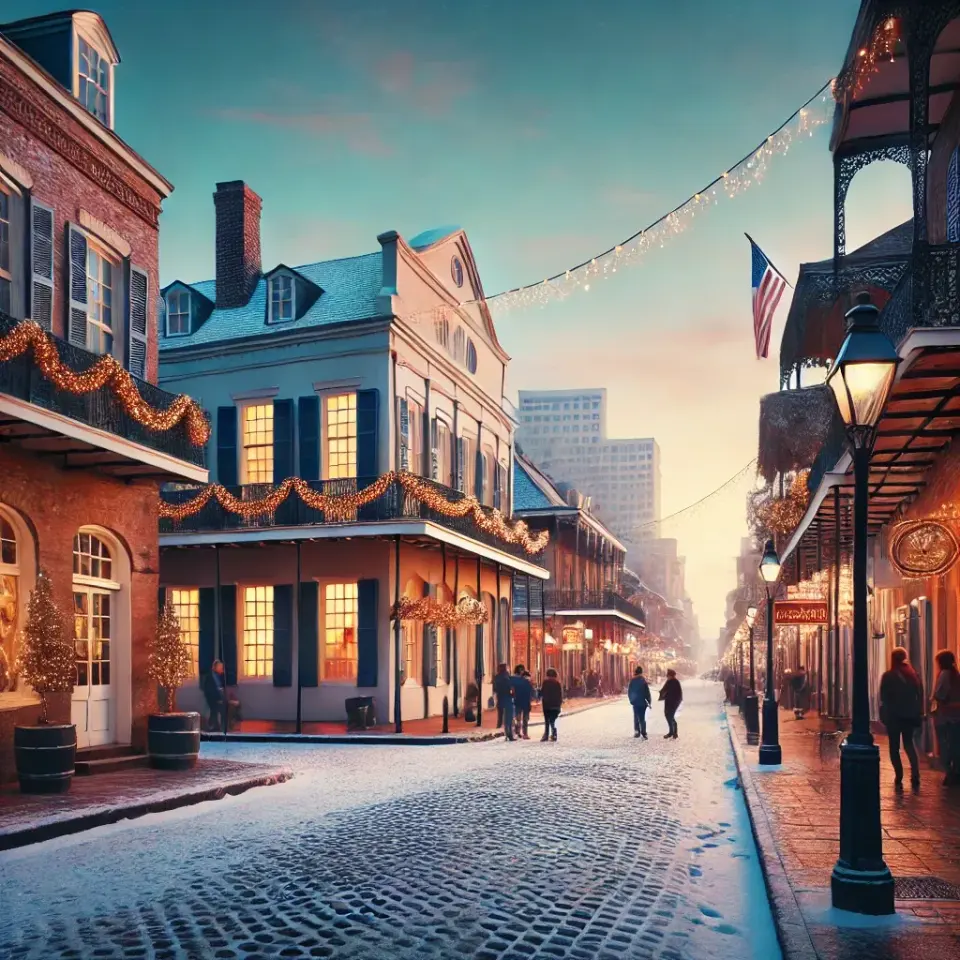 Snow-dusted French Quarter street at dusk with garland-lit balconies and glowing gas lamps
